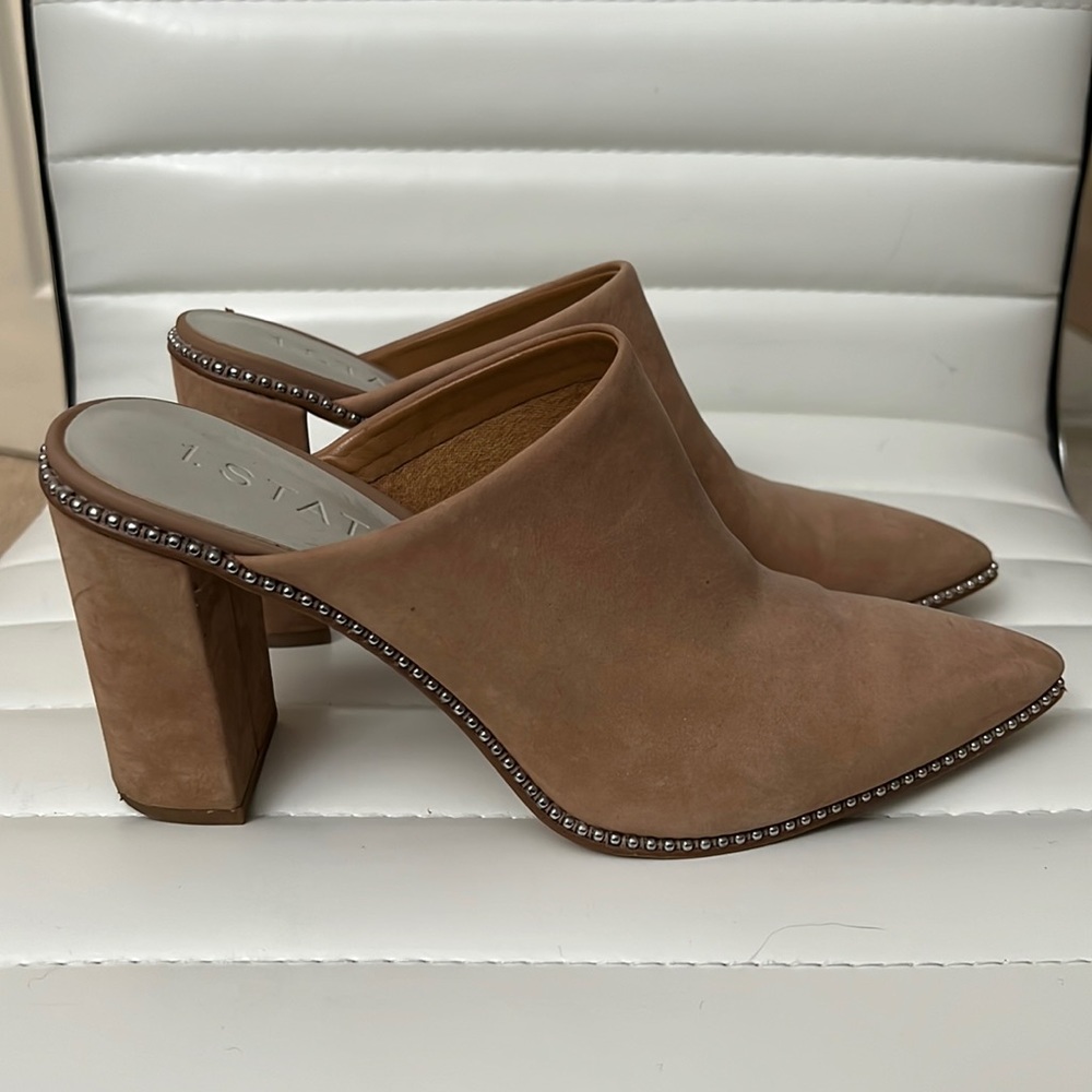1.State suede heeled mules